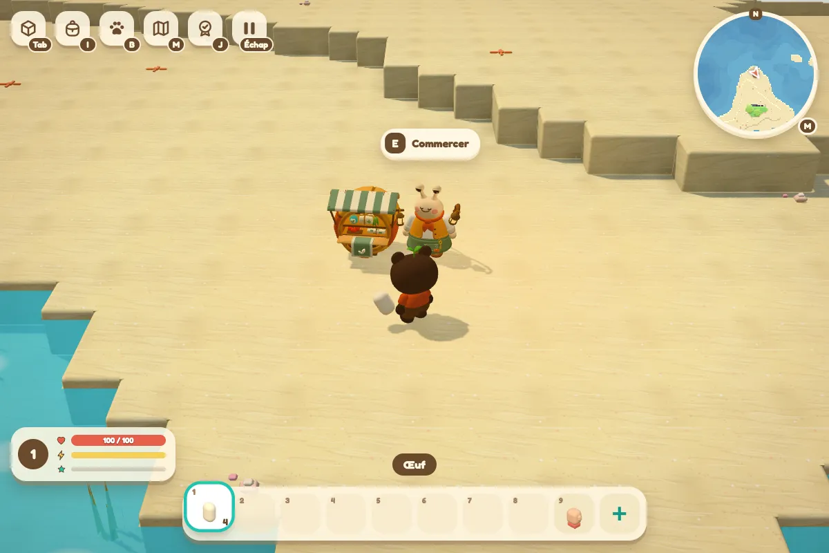 Bazar et son petit étal à auvent rayé sur une plage, face au personnage qui tient un œuf.