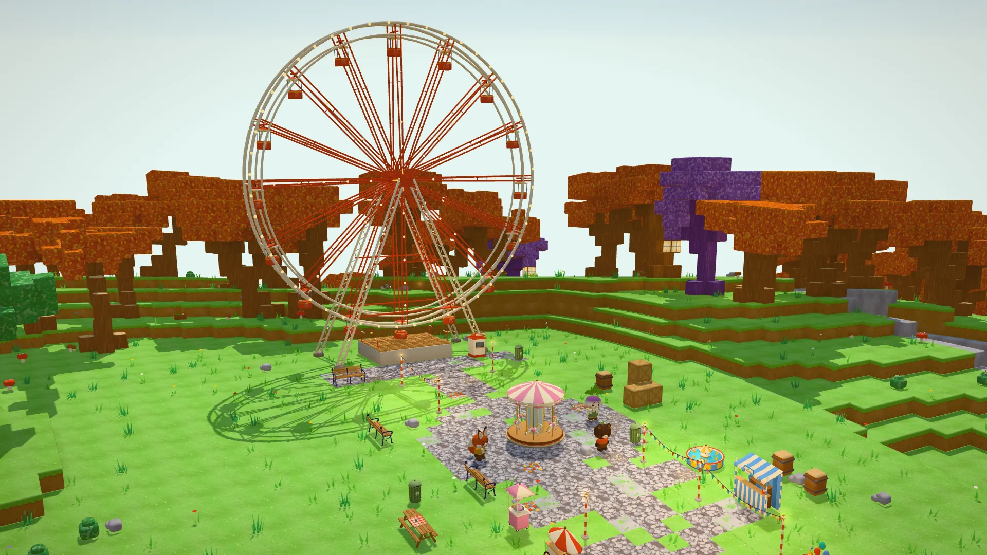 La grande roue réparée au fond de la fête foraine, le manège et les stands devant.