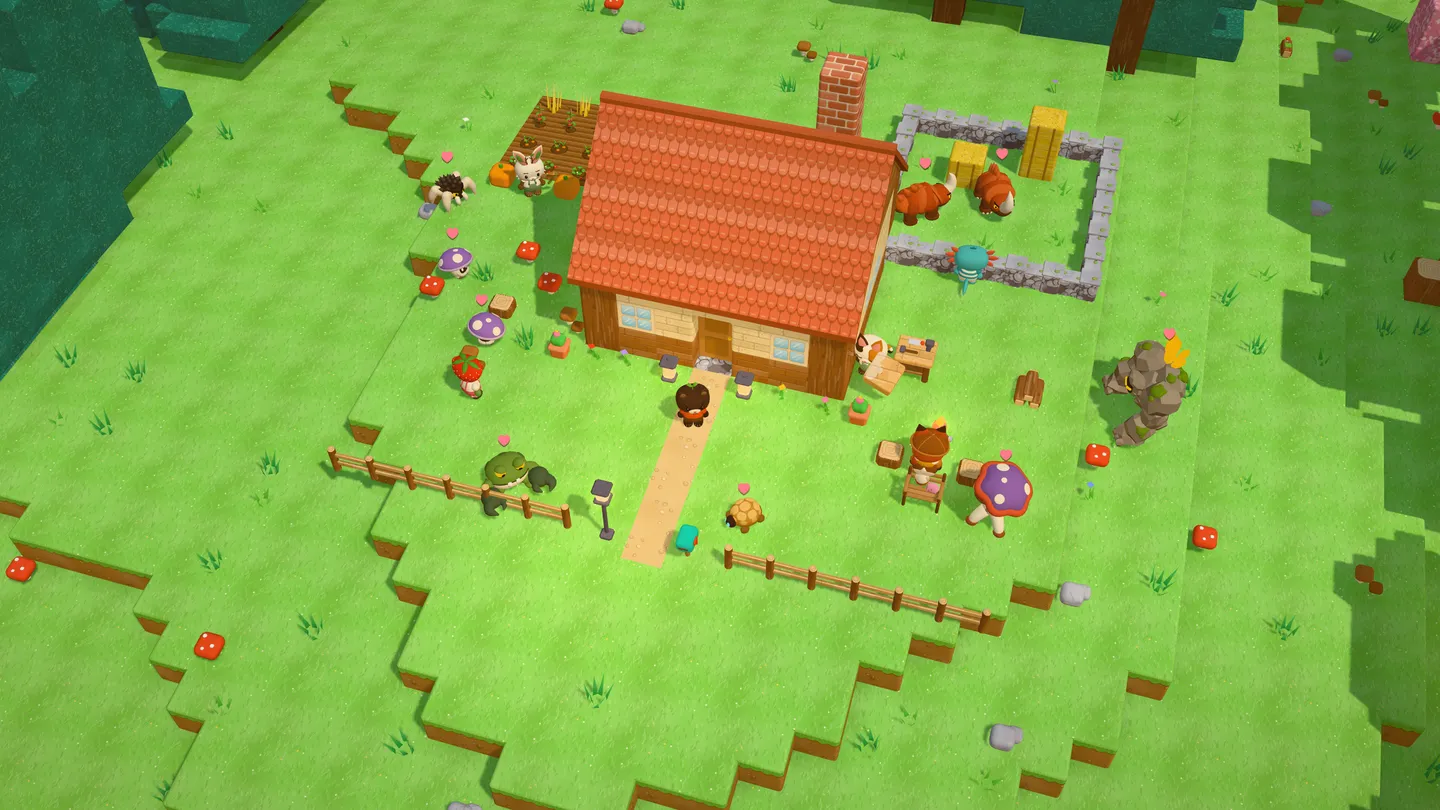 Le village vu d'en haut, en plein jour : une cabane au toit de tuiles rouges, ses six habitants (un ourson, un lapin, un renard, un axolotl, un chat et une fraise) et des créatures apprivoisées dans la pâture, au coin du feu et dans l'allée.