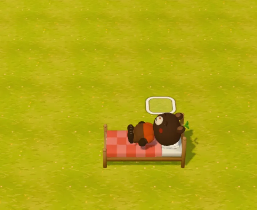 L’ours couché dans un lit à carreaux rouges, la tête posée sur l’oreiller blanc.