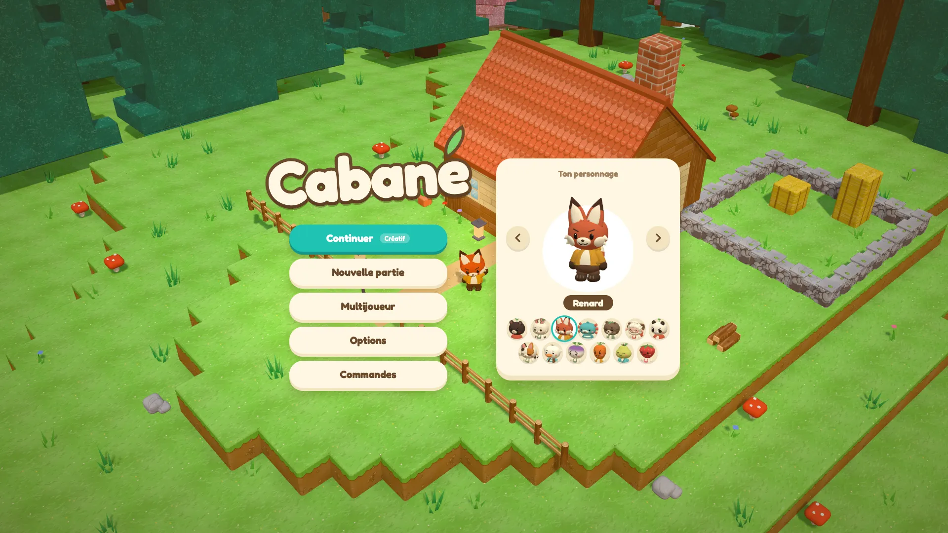Le menu du jeu : le logo, le choix parmi treize personnages, et la cabane derrière.