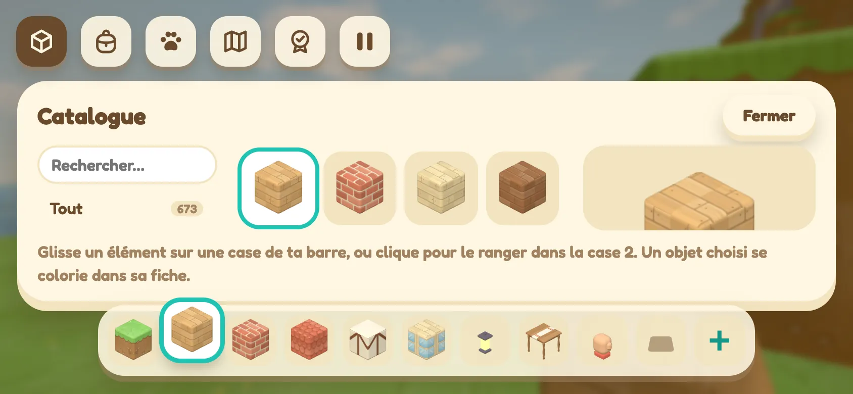 Le catalogue de Cabane en format paysage, avec recherche, objets, aperçu et barre de sélection.
